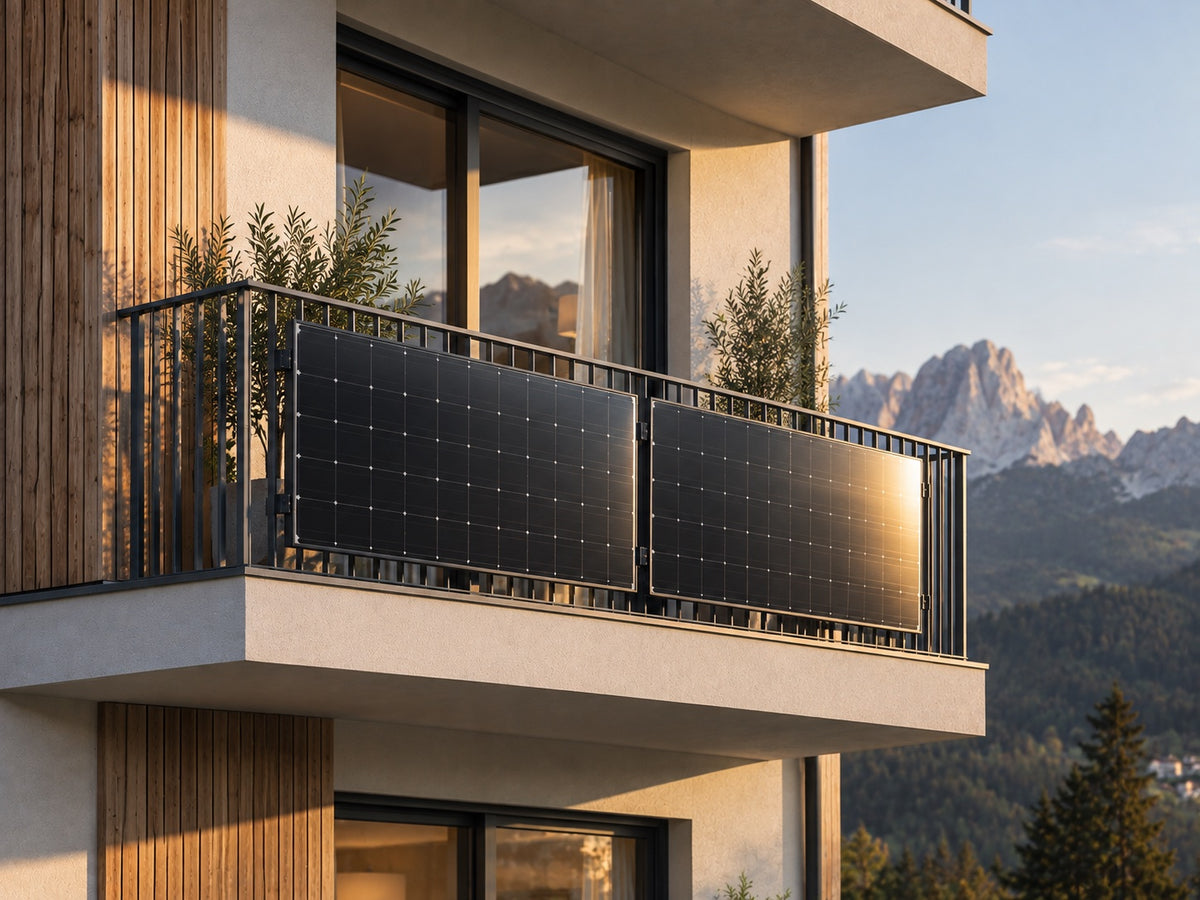 Zwei schwarze Solarmodule am Geländer eines Balkons
